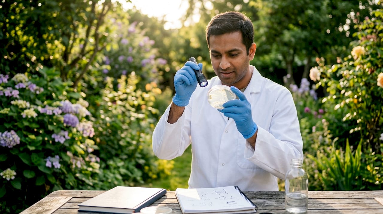 Scientist examining microbes under UV light in lab
