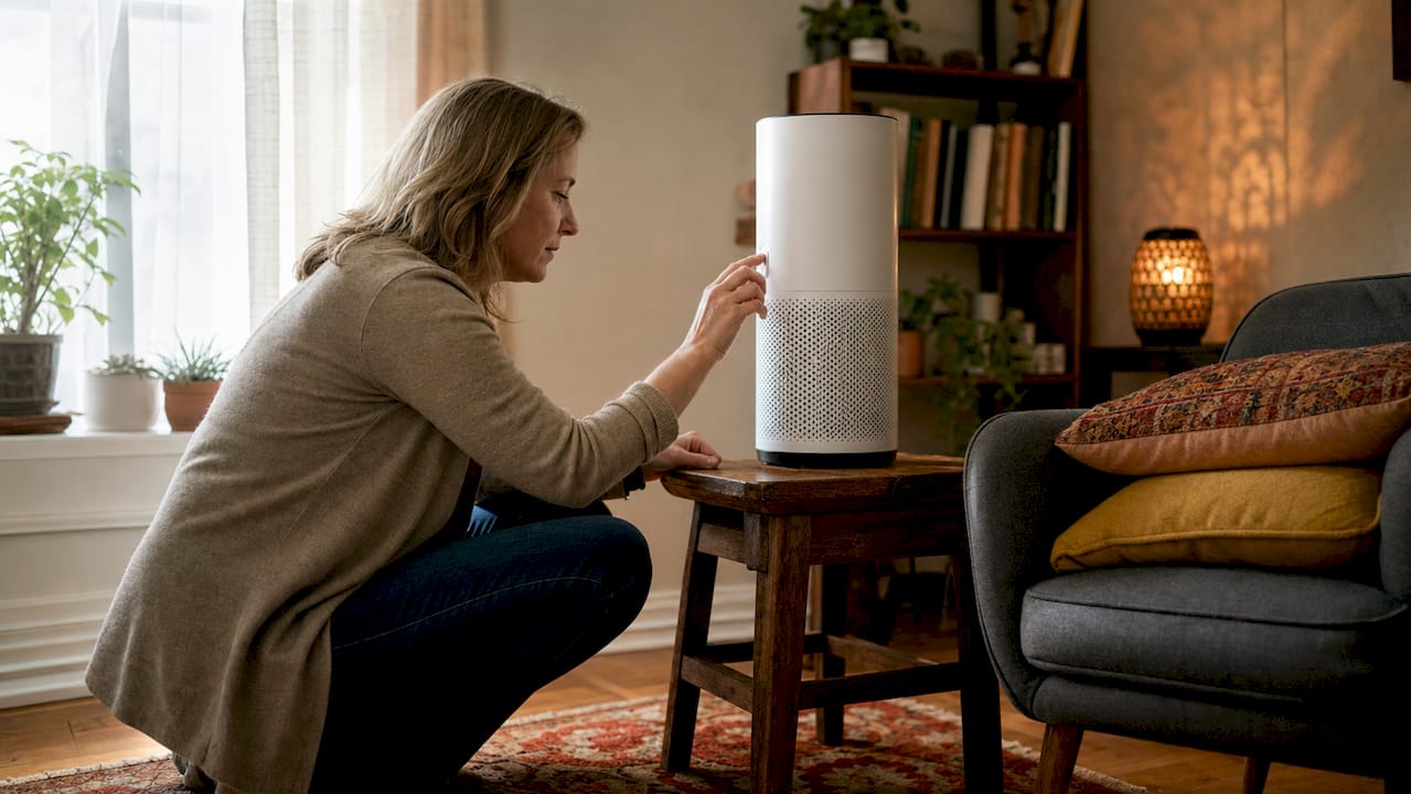Woman operating home allergen air purifier