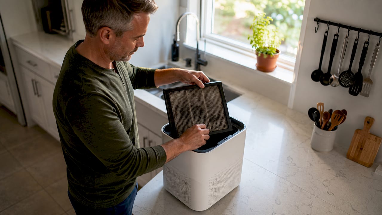 Man cleaning air purifier filter at home