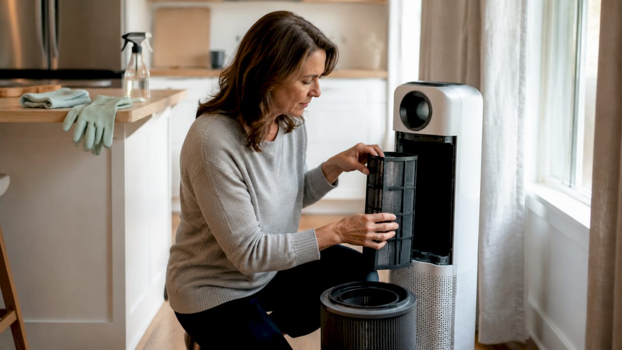 Woman cleaning air purifier in living room