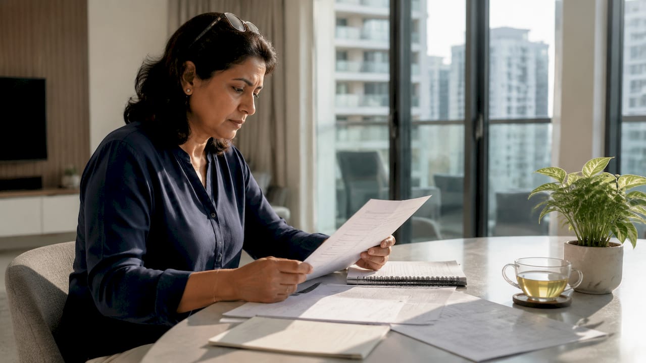 Woman reviewing purifier warranty document at home