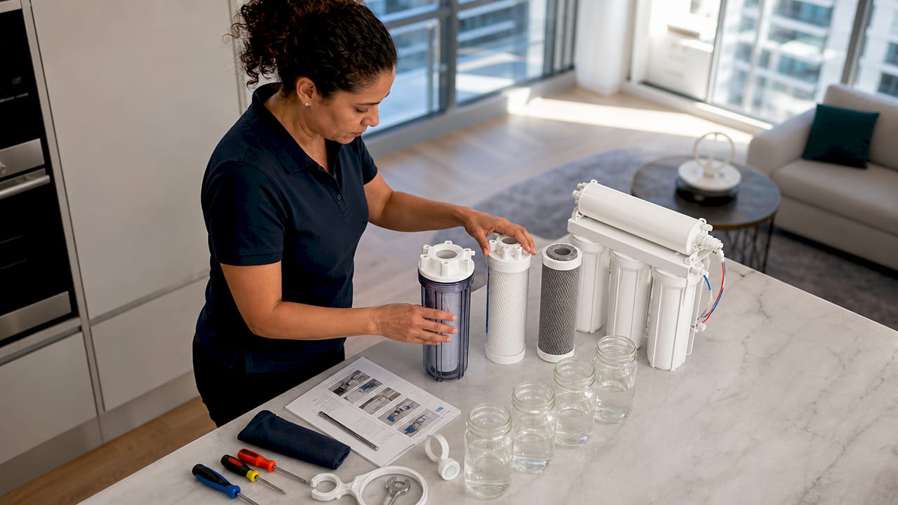 Homeowner assembling water filtration systems