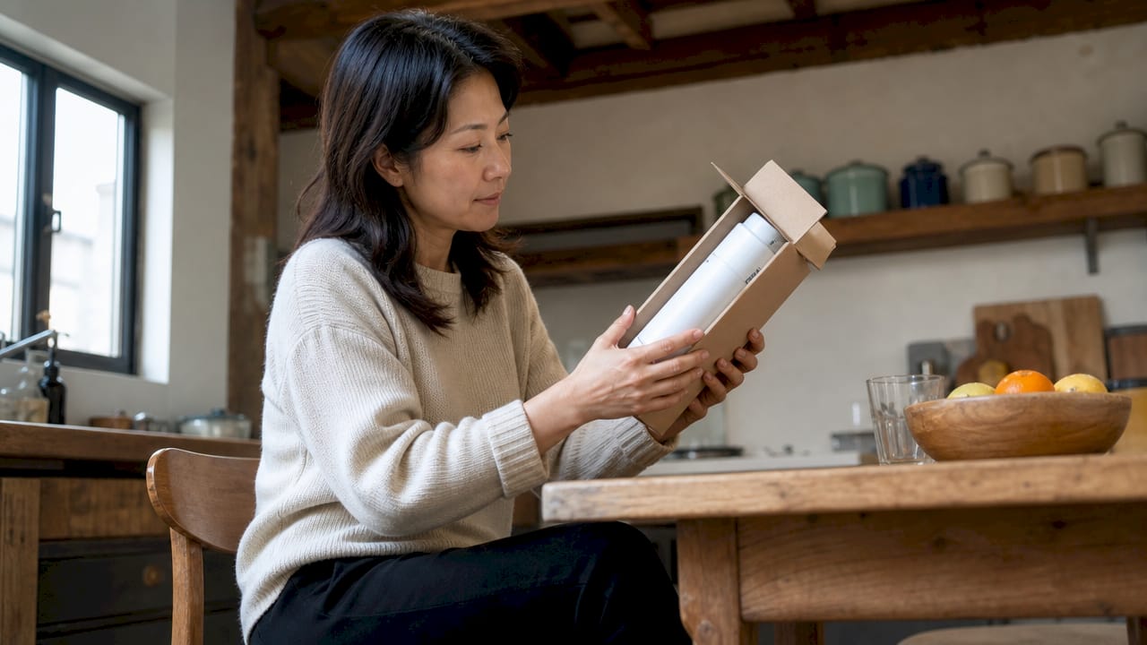 Woman inspecting remineralization cartridge in kitchen