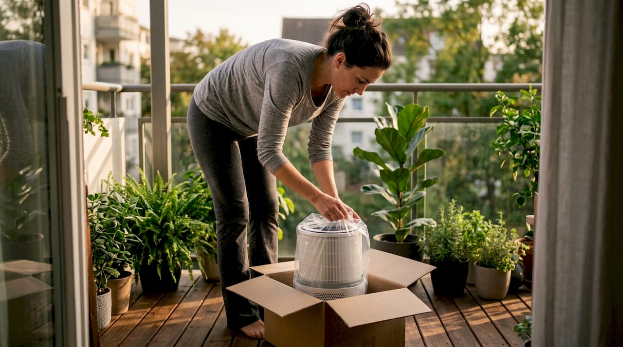 Person unpacking air purifier in living room setup