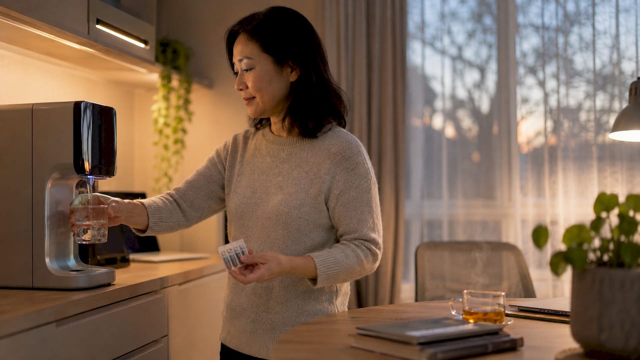 Woman using home water filtration faucet in kitchen